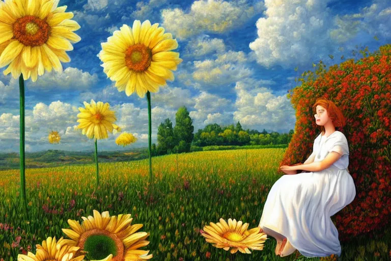 Image similar to giant daisy flower head, woman sitting, surreal, clouds in sky, impressionist painting, digital painting, artstation, rob gonsalves