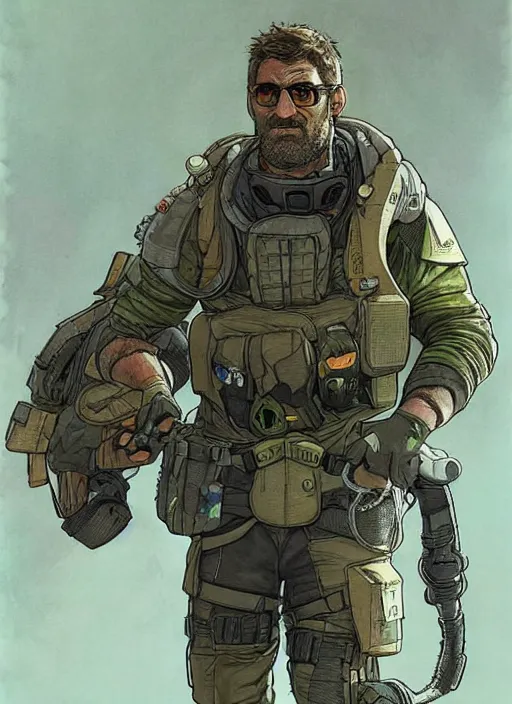 Image similar to apex legends sam fisher. concept art by james gurney and mœbius.