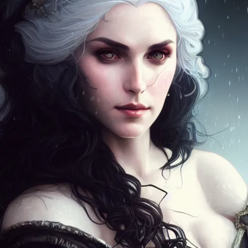 Image similar to portrait of a Yennefer from the Witcher, D&D, fantasy, intricate, elegant, highly detailed, digital painting, artstation, concept art, matte, sharp focus, illustration, art by Artgerm and Greg Rutkowski and Alphonse Mucha