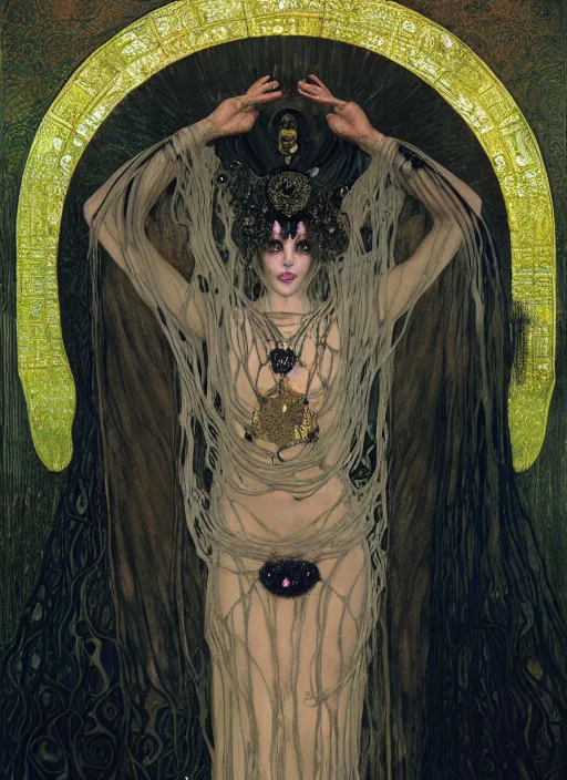 Image similar to masterpiece portrait of an beautiful dark witchy girl with gothic elegant robe, details by gustav klimt, surrounded by flowing liquid occult swirls, majestic, dramatic lighting, h. r. giger, beksinski, alphonse mucha, artgerm, donato giancola, tom bagshaw, trending on cgsociety, octane render, 8 k