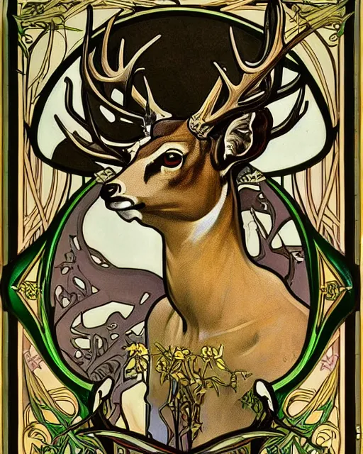 Image similar to an art nouveau painting of a deer with antlers, highly detailed, intricate, artstation, by alphonse mucha