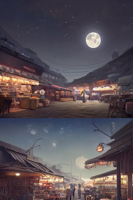 Prompt: a highly detailed matte painting of a single market stall with a sign under the moon and stars by studio ghibli, makoto shinkai, by artgerm, by wlop, by greg rutkowski, volumetric lighting, octane render, 4 k resolution, trending on artstation, masterpiece