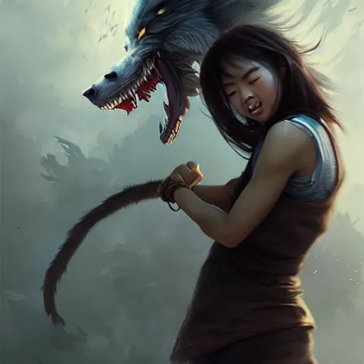 Image similar to very beautiful asian girl becoming a ferocious werewolf, large teeth, epic digital painting, art by greg rutkowski and raymond swanland, extreme detail