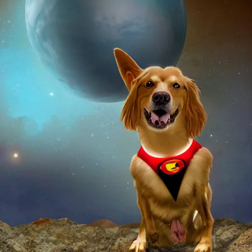 Image similar to a realistic dog superhero with glowing eyes, abandoned planet background,dog floating in air