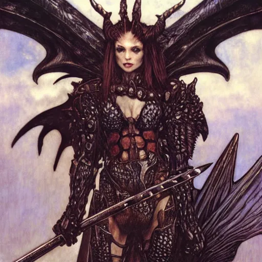Image similar to head and shoulders portrait of an armored erinyes devil with bat wings, and a sword, d & d, fantasy, luis royo, magali villeneuve, donato giancola, wlop, krenz cushart, hans zatka, klimt, alphonse mucha