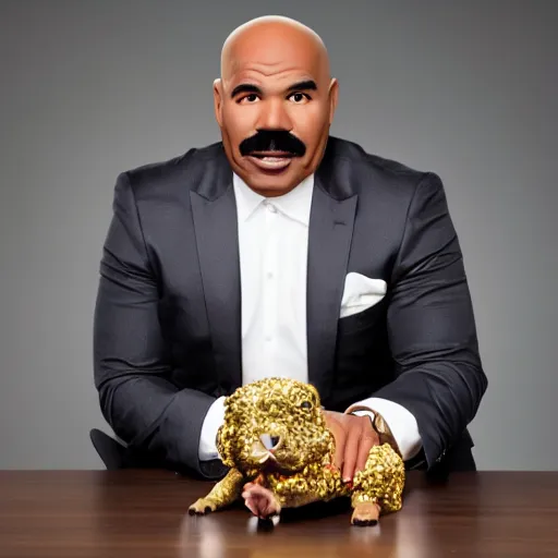 Image similar to a dog that looks exactly like steve harvey, studio lighting, 4 k, photorealistic, award winning