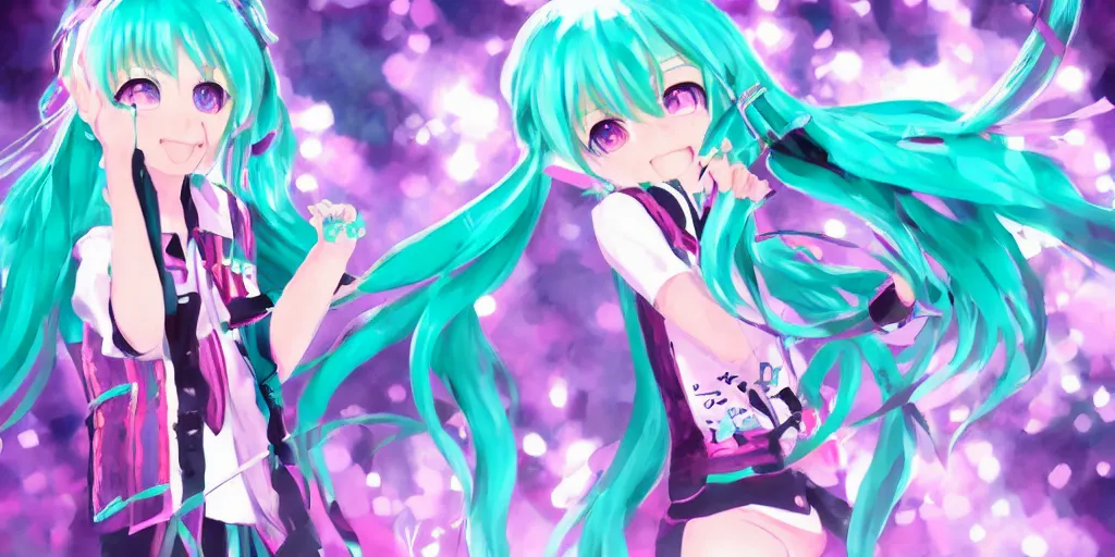 Image similar to hatsune miku preforming on stage , digital art, art station, trending on art station, anime, colorful art