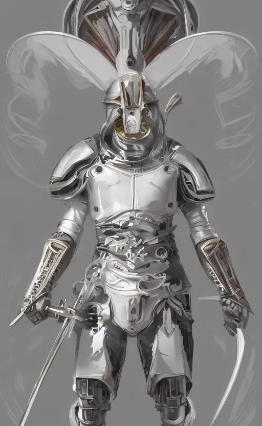 Prompt: a top view shot of a man in white futuristic armor, holding a white katana , alphonse mucha , greg rutowski, illustration, science fiction, concept art, digital painting, Trending on artstation