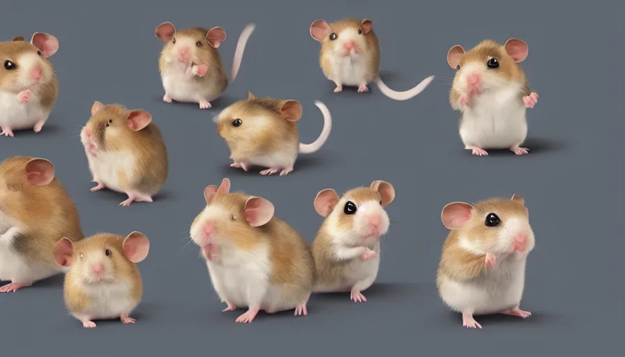 Image similar to very very very cute hamsters by Max Kostenko and Bobby Chiu, disney, pixar, MPC, Framestore, character design for animation, video game character, cute, adorable, uplight, a lineup of characters, big disney eyes, symmetrical eyes, cuteness, 3d render, octane rendered, highly detailed, cinematic lightning, rendered by maya and houdini, highly detailed, unreal engine, Trending on Artstation, octane render, 4k, 8k, HD, oil on Canvas by Elena Zhurikhina and Goro Fujita and Charlie Bowater