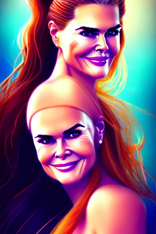 Image similar to portrait of a mix of beautiful young maria shriver, mariel hemmingway, brooke shields, nicole kidman and elle macpherson as a mermaid, thin lips, hair tied up in a pony tail, colorful artstation, cgsociety