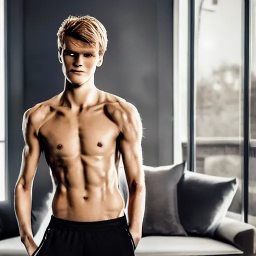 Image similar to a realistic detailed photo of a guy who is an attractive humanoid who is half robot and half humanoid, who is a male android, soccer player martin ødegaard, shiny skin, posing like a statue, blank stare, in a living room, on display, showing off his muscles