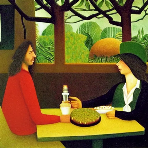 Prompt: a happy hippie eating a hamburger in a diner, oil painting by henri rousseau