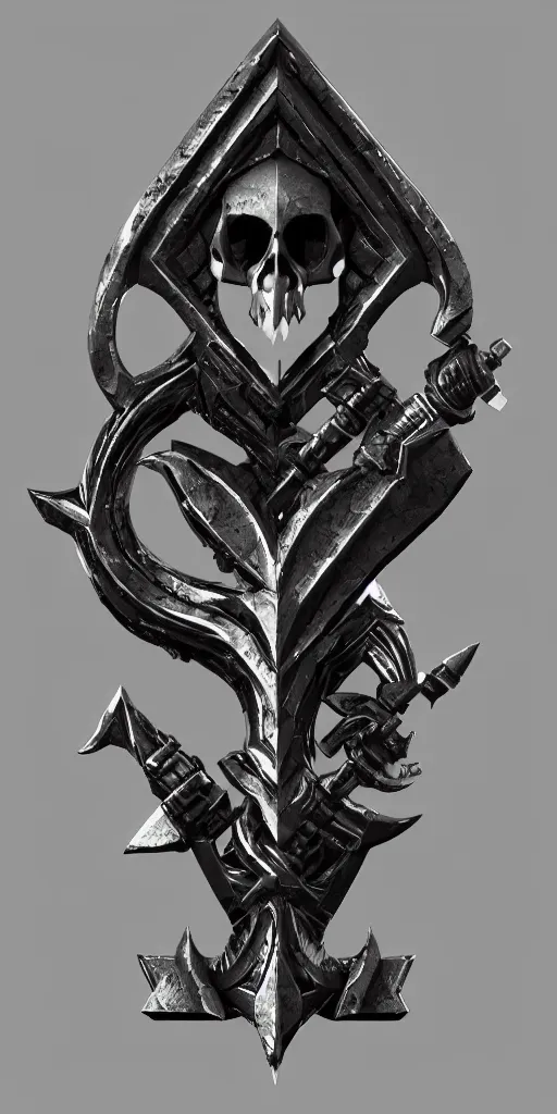 Image similar to a black and silver axe skull crest, ornament, dwrven weapon, by dom qwek, trending on polycount, artstation, hard surface modeling