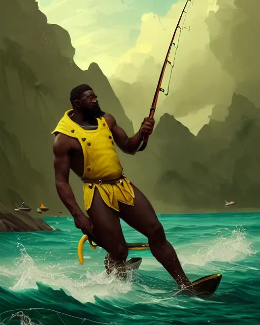 Image similar to fisherman, male, athletic, Jamaican, wide angle, master of the sea, magical fishing rod weapon, D&D, fantasy, jamaican colors yellow green black red, intricate, elegant, highly detailed, digital painting, artstation, octane render, concept art, matte, sharp focus, illustration, hearthstone, art by Artgerm and Greg Rutkowski and Alphonse Mucha
