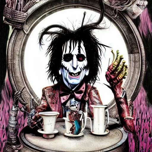 Image similar to graphic illustration, creative design, alice cooper in alice in wonderland, biopunk, francis bacon, highly detailed, hunter s thompson, concept art