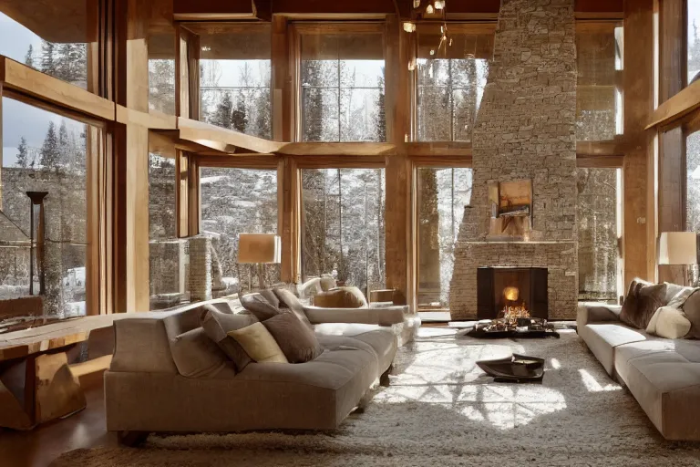 Prompt: interior of a beautiful modern stone mansion in Aspen, golden hour, gentle snow, sunbeams, volumetric lighting, by Emmanuel Lubezki