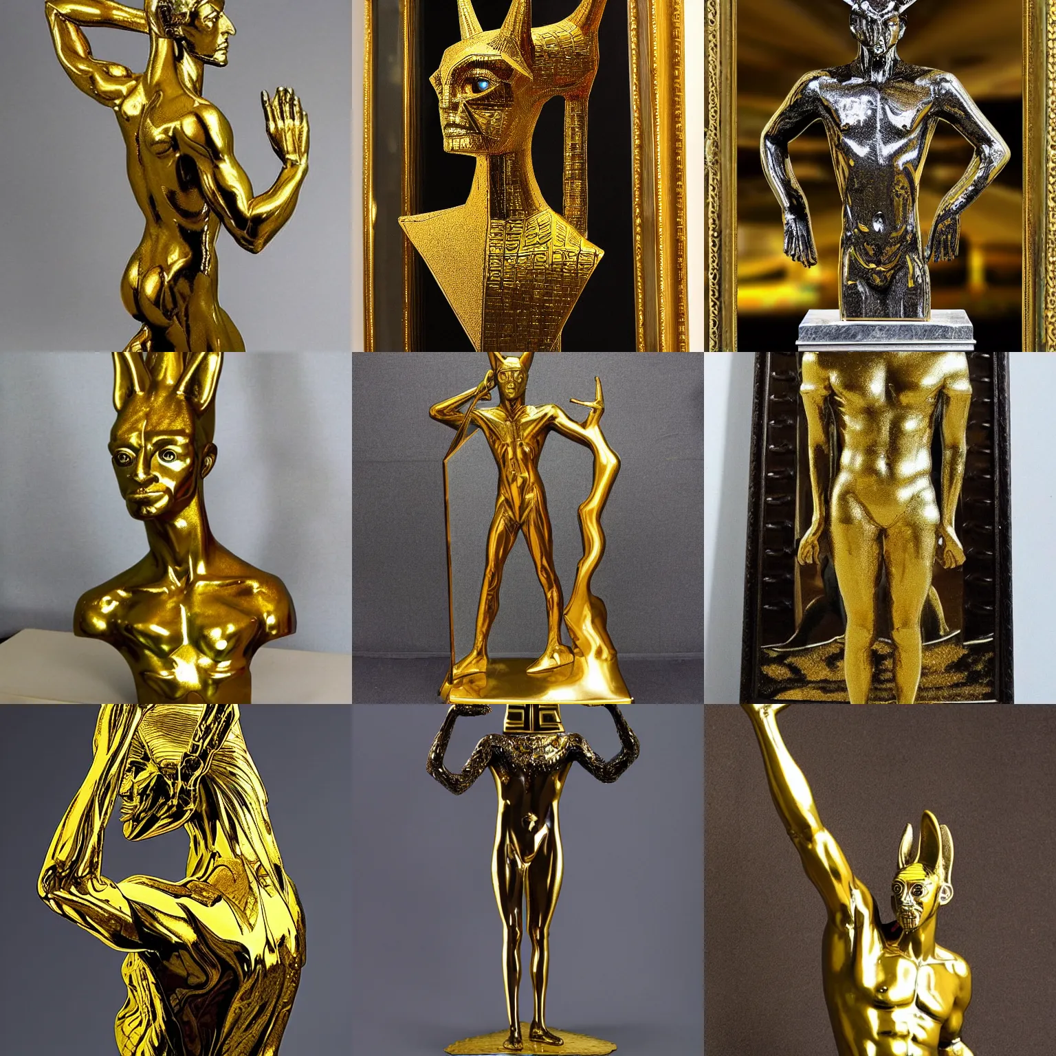 Prompt: The Mirror Man statue like an anubis, intricate detailed, golden ratio, oil slick, sharp,