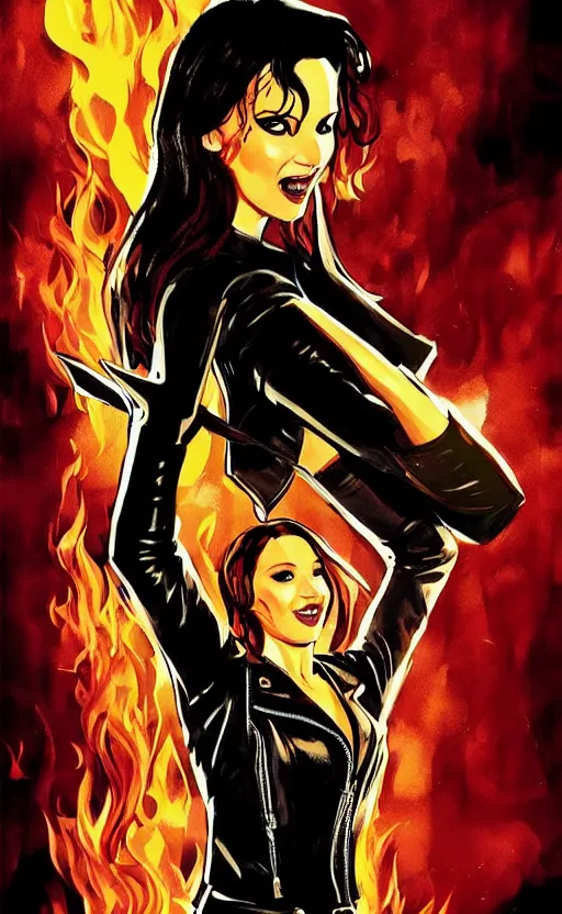 Prompt: Rafael Albuquerque comic cover art, Jennifer Lawrence with sharp vampire teeth, smile, direct gaze, brown leather jacket, jeans, long hair, full body, building on fire, cool colors, detailed, 4k