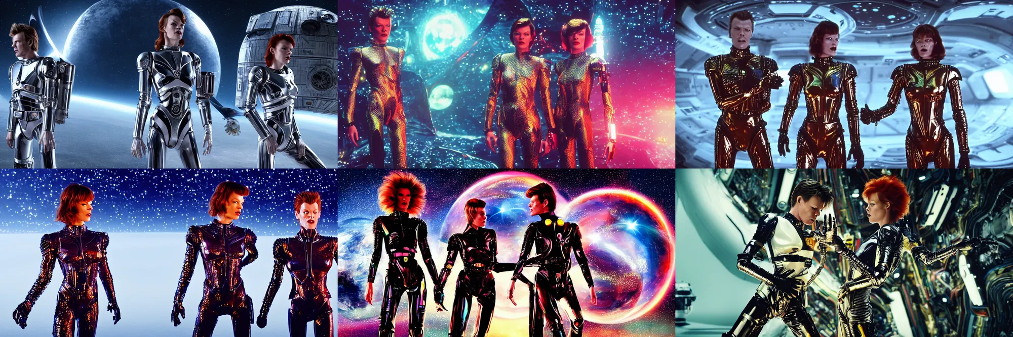 Prompt: milla jovovich and david bowie wearing a rocknroll glitzy glamour spacesuit, psychedelic, surreal, beautiful, heroic action pose, a friendly android, stunning alien landscape, cinematic, dramatic studio lighting, wide shot, in the style of kubrick, ridley scott, jodorowsky, dune, star wars, transformers, illustration, octane render 8 k