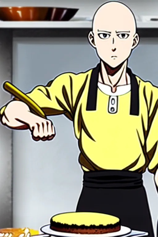 Image similar to chef saitama one punch man, dressed as a pastry chef, focused at making a cake, beautiful anime artwork