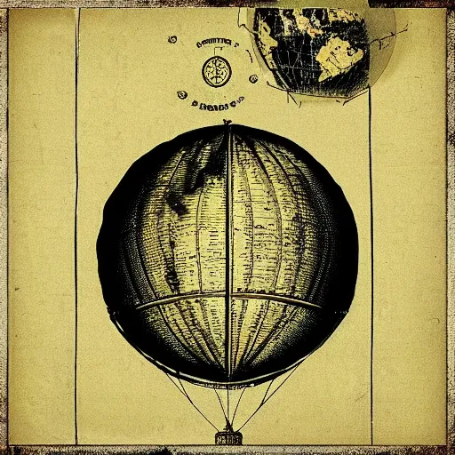 Prompt: “an old yellowed etch on canvas of a hot air balloon floating between the clouds, the balloon fabric is a spherical world map. Jules vernes, steampunk style, sepia and yellow paper”