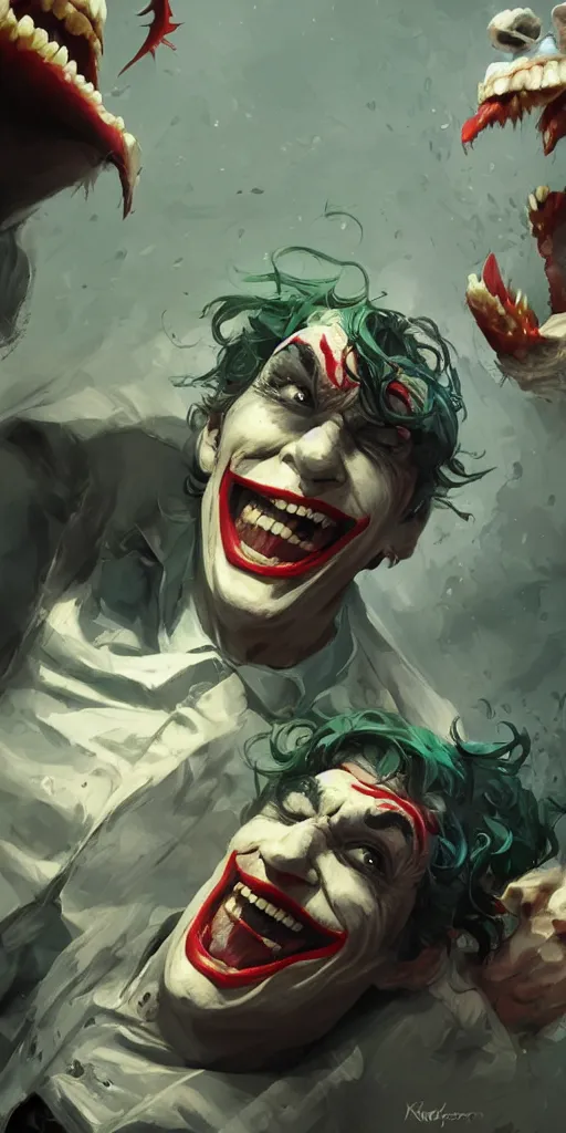 Prompt: Every joker ever laughing at me, Darek Zabrocki, Karlkka, Jayison Devadas, Phuoc Quan, trending on Artstation, 8K, ultra wide angle, pincushion lens effect