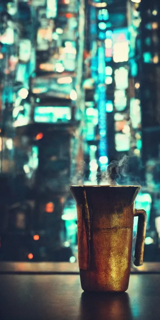 Image similar to metal mug, filled with steaming hot coffee, standing on a table. future. japan. cyberpunk style. closeup. colorful.