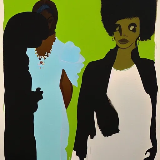 Prompt: a painting of the musician Prince, jealously overlooking a private conversation between two sisters in the style of Lorna Simpson, green colours