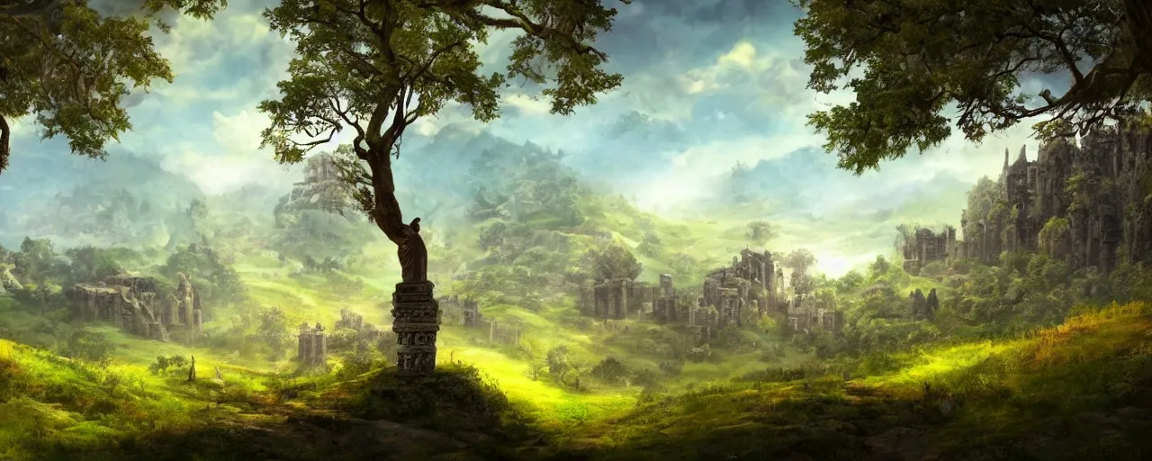 Prompt: Fantasy landscape, rolling hills, trees and ancient temple