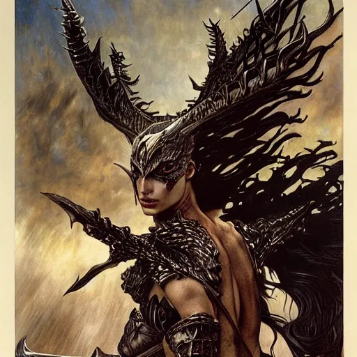 Image similar to head and shoulders portrait of an armored erinyes devil with huge bat wings, portrayed by gal gadot, d & d, fantasy, luis royo, magali villeneuve, donato giancola, wlop, krenz cushart, hans zatka, klimt, alphonse mucha