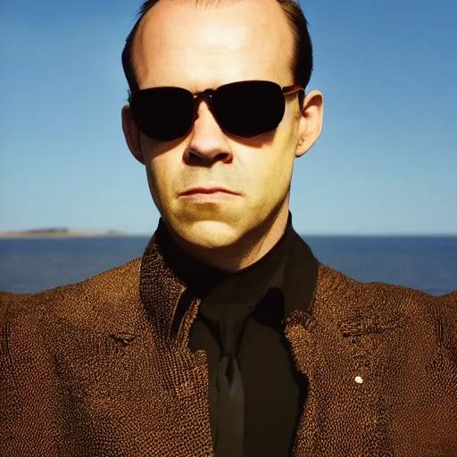 Prompt: a portrait of agent smith wearing sunglasses with background scenery by juergen teller, iris van herpen