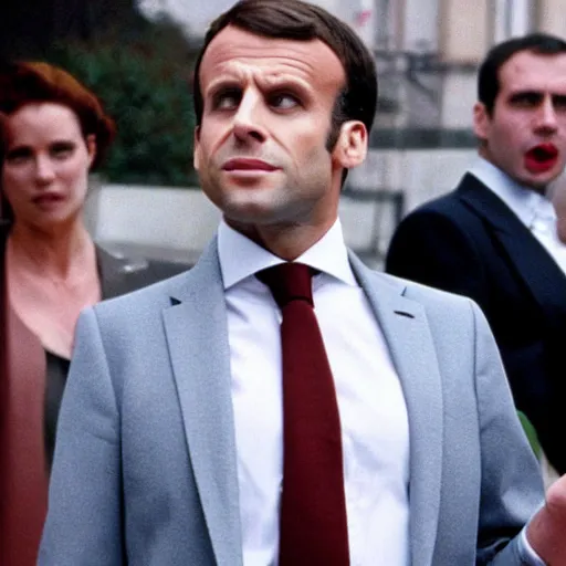 Prompt: Emmanuel Macron wearing carnival clothes in American Psycho (1999)