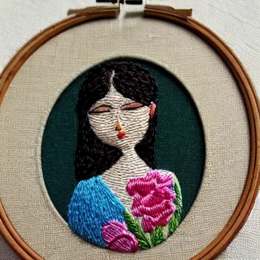 Image similar to a tiny beautiful handmade embroidery of a woman. hand embroidery.