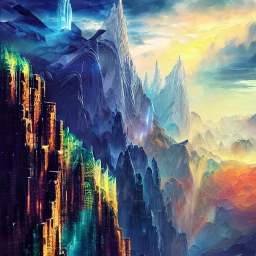 Prompt: alien mountains skyscrapers waterfall art octane render digital art geometric nature photography weird by james christensen, android jones, leonid afremov, greg rutkowski, alex grey