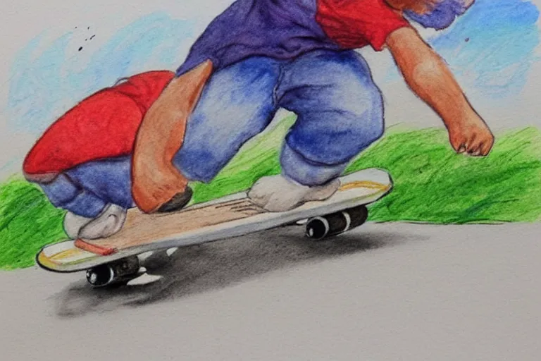 Prompt: a child's watercolor pencil painting of bunny playing skateboard.