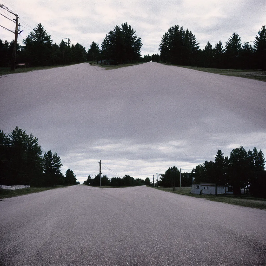 Prompt: A disposable camera picture of an empty street in a small Canadian farm town , Kodak Fling 200, 1983
