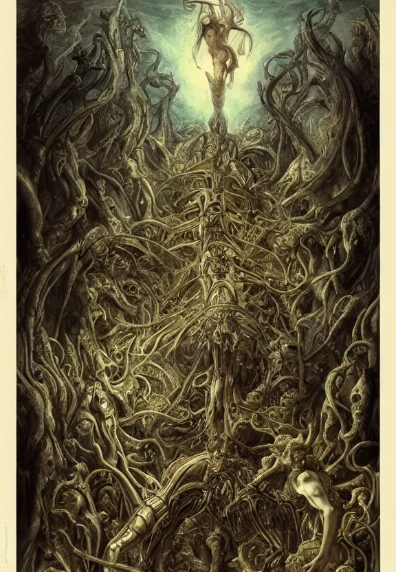 Image similar to simplicity muscular eldritch demons radiating town fractal, by h. r. giger and esao andrews and maria sibylla merian eugene delacroix, gustave dore, thomas moran, pop art, chiaroscuro, biopunk, art nouveau