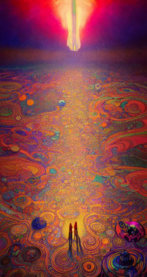 Prompt: An extremely psychedelic painting of the black rock city desert, colorful, surreal, dramatic lighting, magic mushrooms, psilocybin, LSD, detailed, intricate, elegant, highly detailed, digital painting, artstation, concept art, smooth, sharp focus, illustration, art by Krenz Cushart and Artem Demura and alphonse mucha