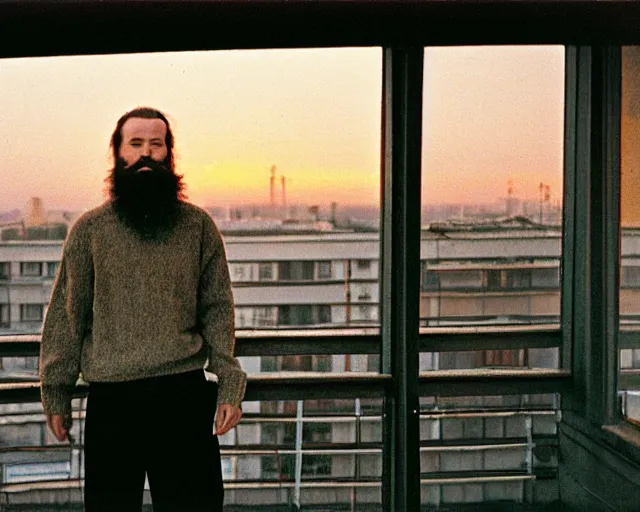 Image similar to lomographic photo of 4 0 years russian man with beard and sweater standing on small hrushevka 9 th floor balcony in taigaд looking at sunset, perfect faces, cinestill, bokeh