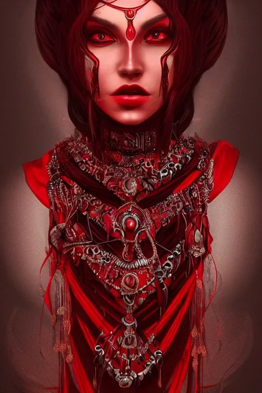 Image similar to portrait of the blood goddess, enigmatic beauty, dominant shades of crimson and red and black, oriental silver ornaments, artstation