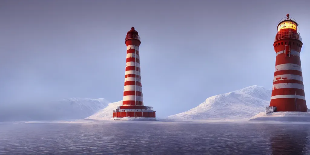 Prompt: epic huge soviet lighthouse in arctic, no frame, foggy, volumetric lighting, epic blue glow, by greg rutkowsky, shishkin and aivazovsky