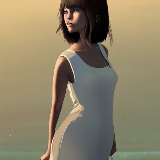 Prompt: slim cruel girl in dress with brown bob hair, elegant, walk down the beach, 2 d, ultra highly detailed, digital painting, smooth, sharp focus, artstation, art by ilya kuvshinov,