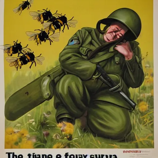 Image similar to a sleeping soldier is stung by a bumblebee, ww 2 allied propaganda poster, no text, highly detailed, vaporwave aesthetic
