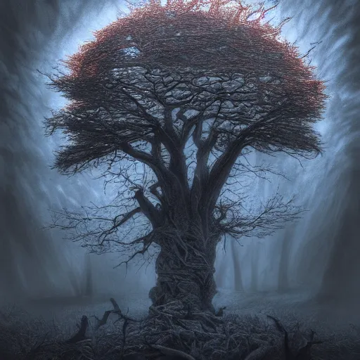 Image similar to Photorealistic tree of darkness in the style of Michael Whelan and Gustave Dore. Hyperdetailed photorealism, 108 megapixels, amazing depth, glowing rich colors, powerful imagery, psychedelic Overtones, 3D finalrender, 3d shading, cinematic lighting, artstation concept art