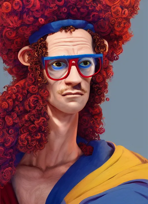 Prompt: an anthropomorphic beautiful male wizard portrait in cinema wearing colourful robe, blue and red glasses, curly hair, fine art, award winning, intricate, elegant, sharp focus, octane render, hyperrealistic, cinematic lighting, highly detailed, digital painting, 8 k concept art, art by jamie hewlett and z. w. gu, masterpiece, trending on artstation, 8 k