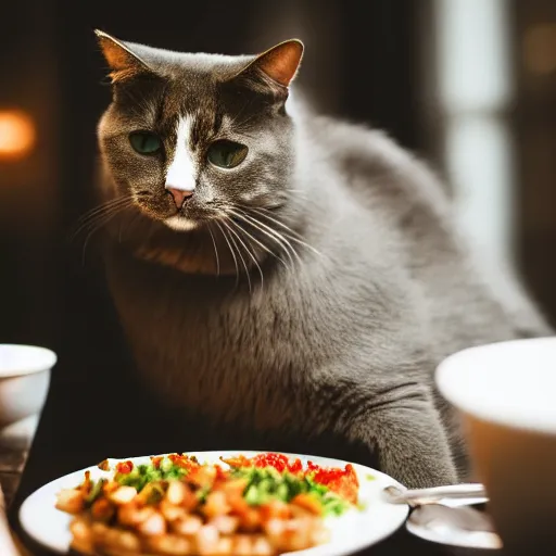 Image similar to A photo of a cat wearing a suit sitting in a fancy and expensive gourmet restaurant and eating a plate of cat food. f/2.8, dim lighting, award winning photo