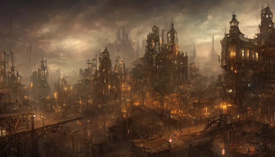 Prompt: matte painting of a beautiful steampunk city, digital art, trending on artstation