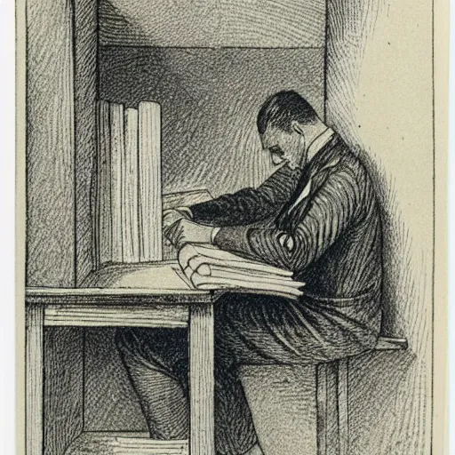 Image similar to tired man sitting behind a desk in a cubicle, papers stacked high by charles maurice detmold