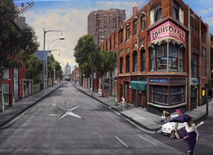 Image similar to north melbourne street, lowbrow, matte painting, 3 - d highly detailed, in the style of mark ryden