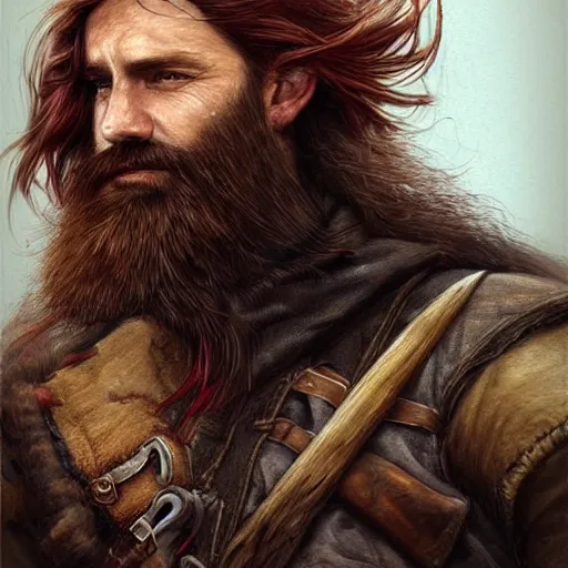 Prompt: portrait of a rugged ranger, 35 years old, beard, male, masculine, upper body, red hair, long hair, soft hair, D&D, fantasy, intricate,fantasy genre, magic, elegant, highly detailed, digital painting, artstation, concept art, matte, sharp focus, illustration, art by Artgerm and Greg Rutkowski and Alphonse Mucha